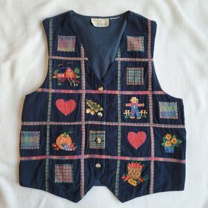 Vintage CASEY & MAX Blue Corduroy Fall Vest Size L Americana Embroidered Patch